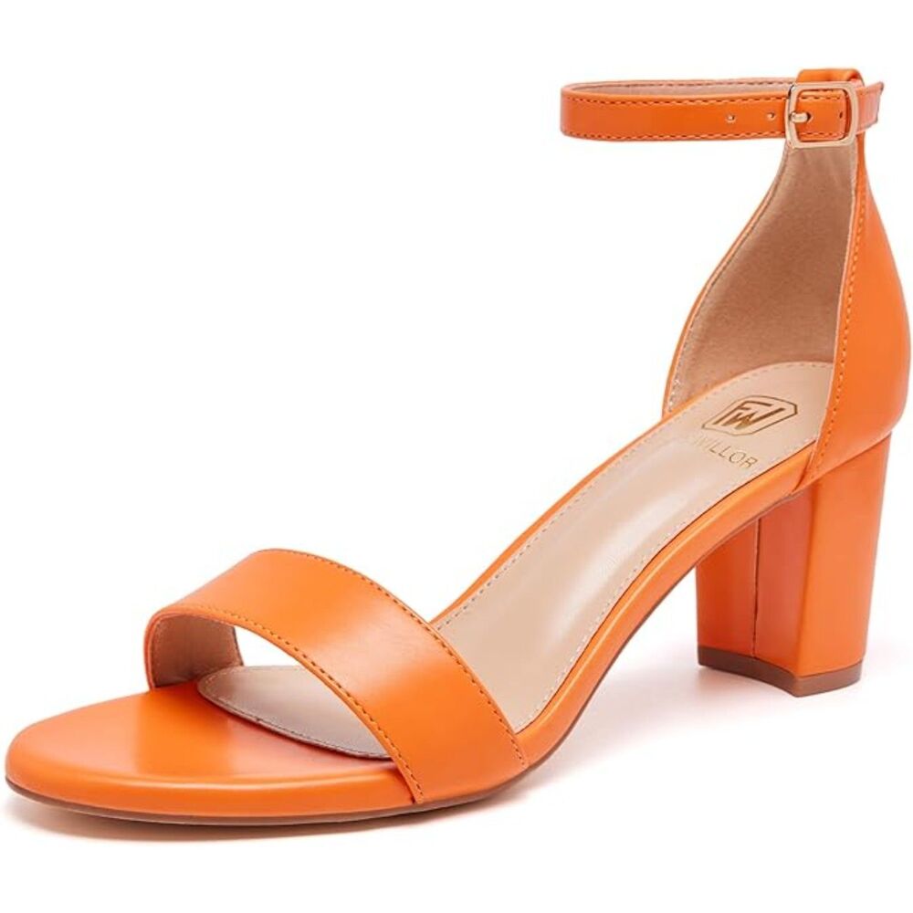 Women's Orange Open Toe Ankle Strap Low Chunky Short Heels Wedding Pumps Shoes